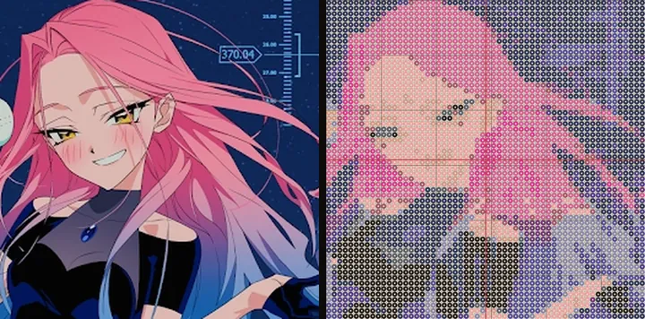 A portrait of Mizi beside the same portrait converted into a grid of coloured fuse beads.